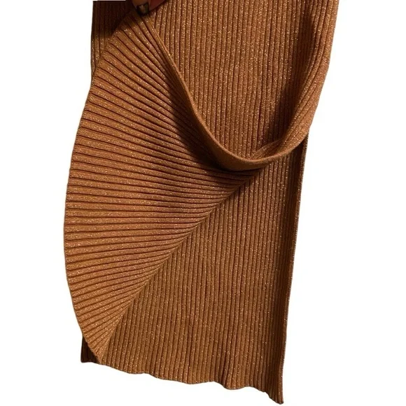 Dolan metallic gold v neck long bishop sleeve ribbed knit sweater dress - Picture 7 of 10